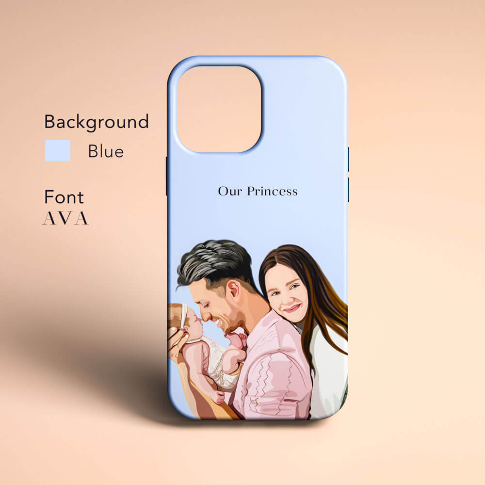 Custom Illustrated Phone Cases in blue with a family of 3- Tough Matte Custom Phone Cover