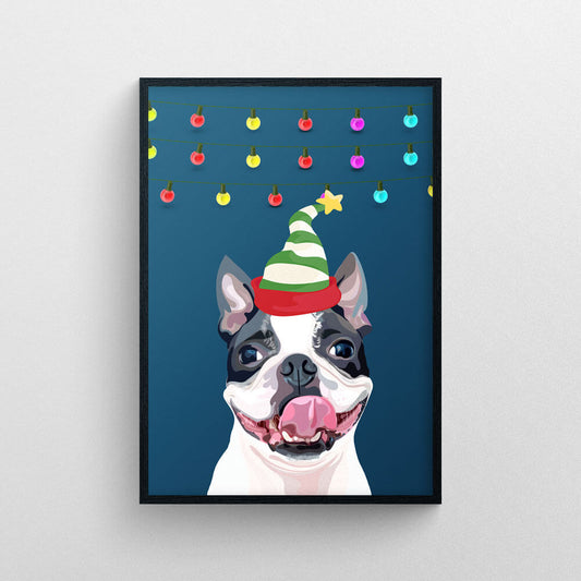 Custom Christmas Pet Portrait with Santa Hats and Christmas Lights - Personalised Gift for Christmas