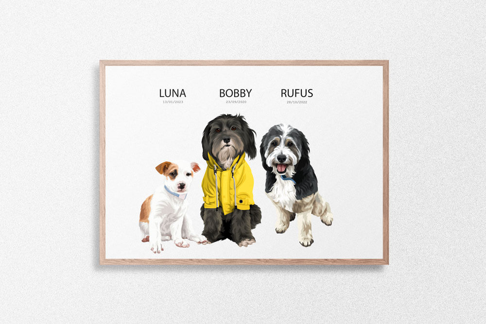Personalised pet family portrait with natural timber frame and text - New Age Walls