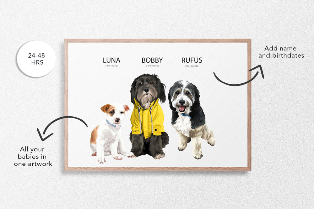 Custom dog portrait with natural timber frame, 3 pets and text - New Age Walls