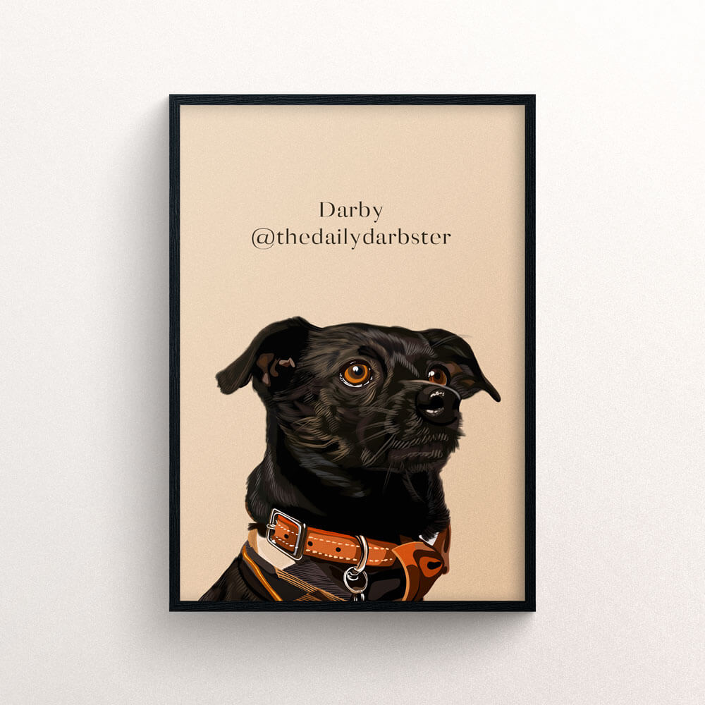 Personalised dog portrait with black frame and text - New Age Walls