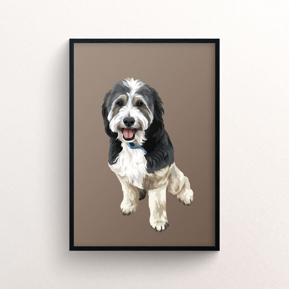 Personalised pet portrait with black frame and text - New Age Walls