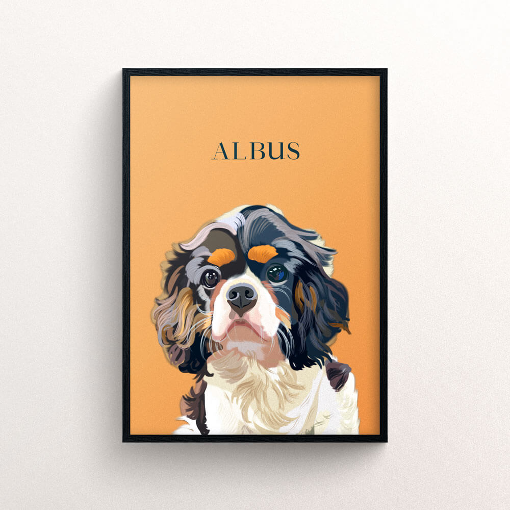 Custom dog portrait with black frame and text - New Age Walls