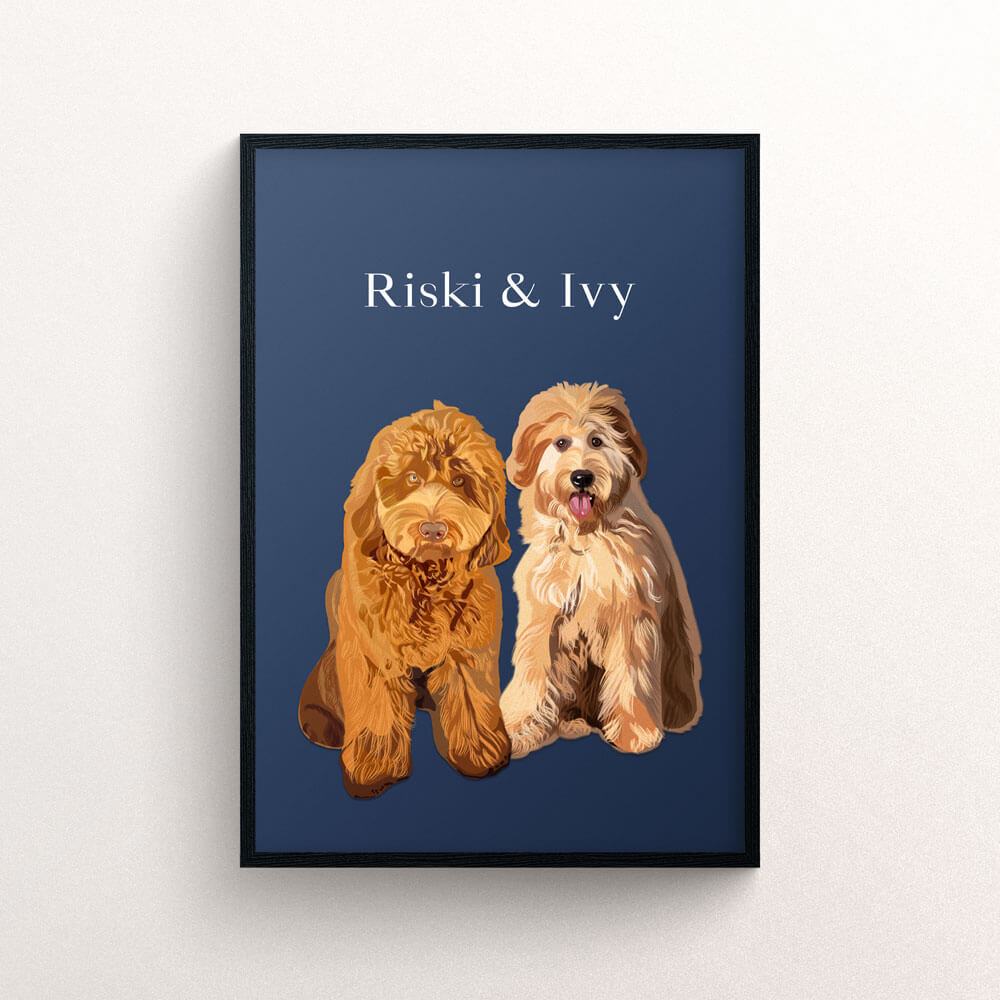 Custom dog portrait with two pets and black frame and text - New Age Walls