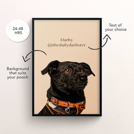 Custom dog portrait with black frame and text - New Age Walls