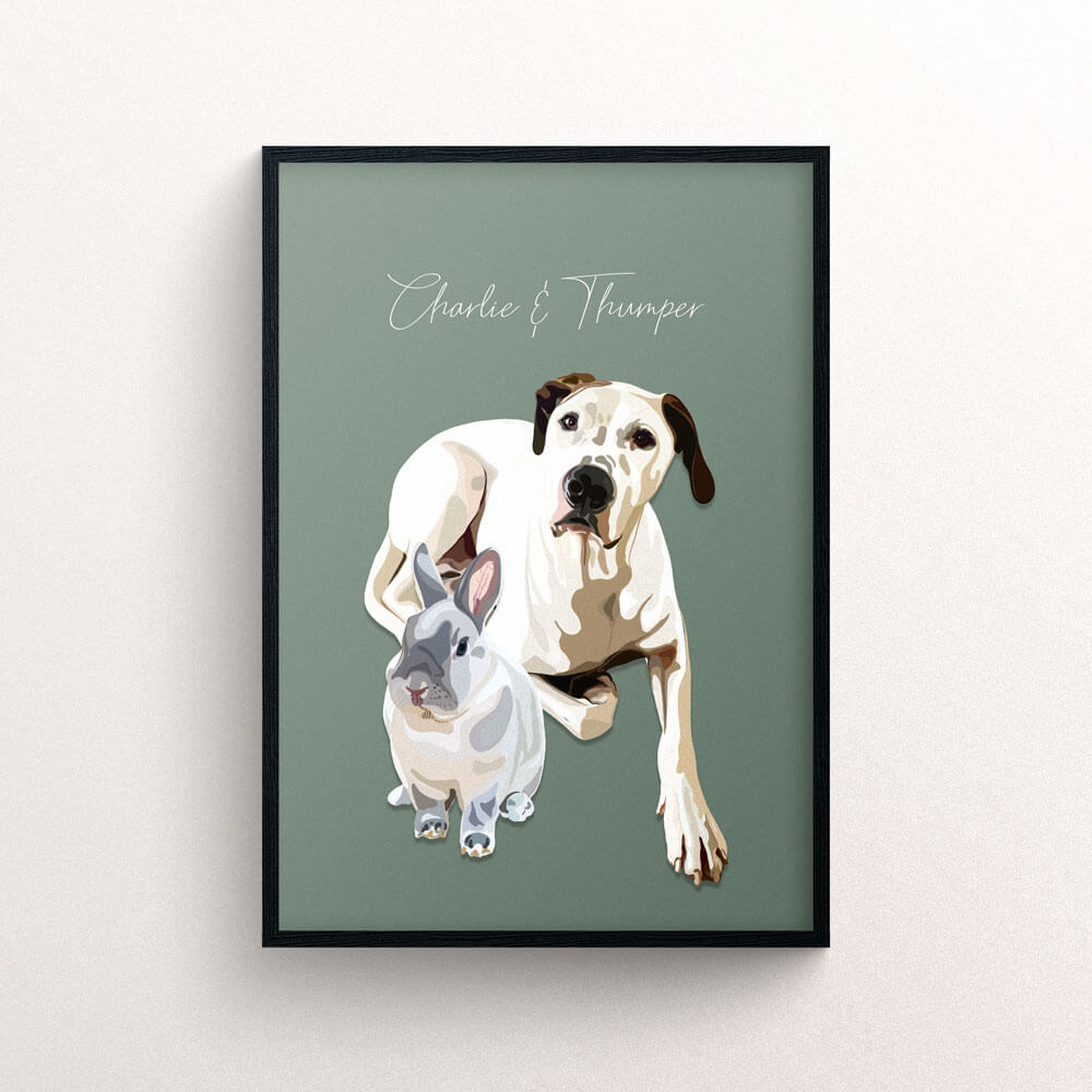 Custom dog and bunny portrait with black frame and text - New Age Walls