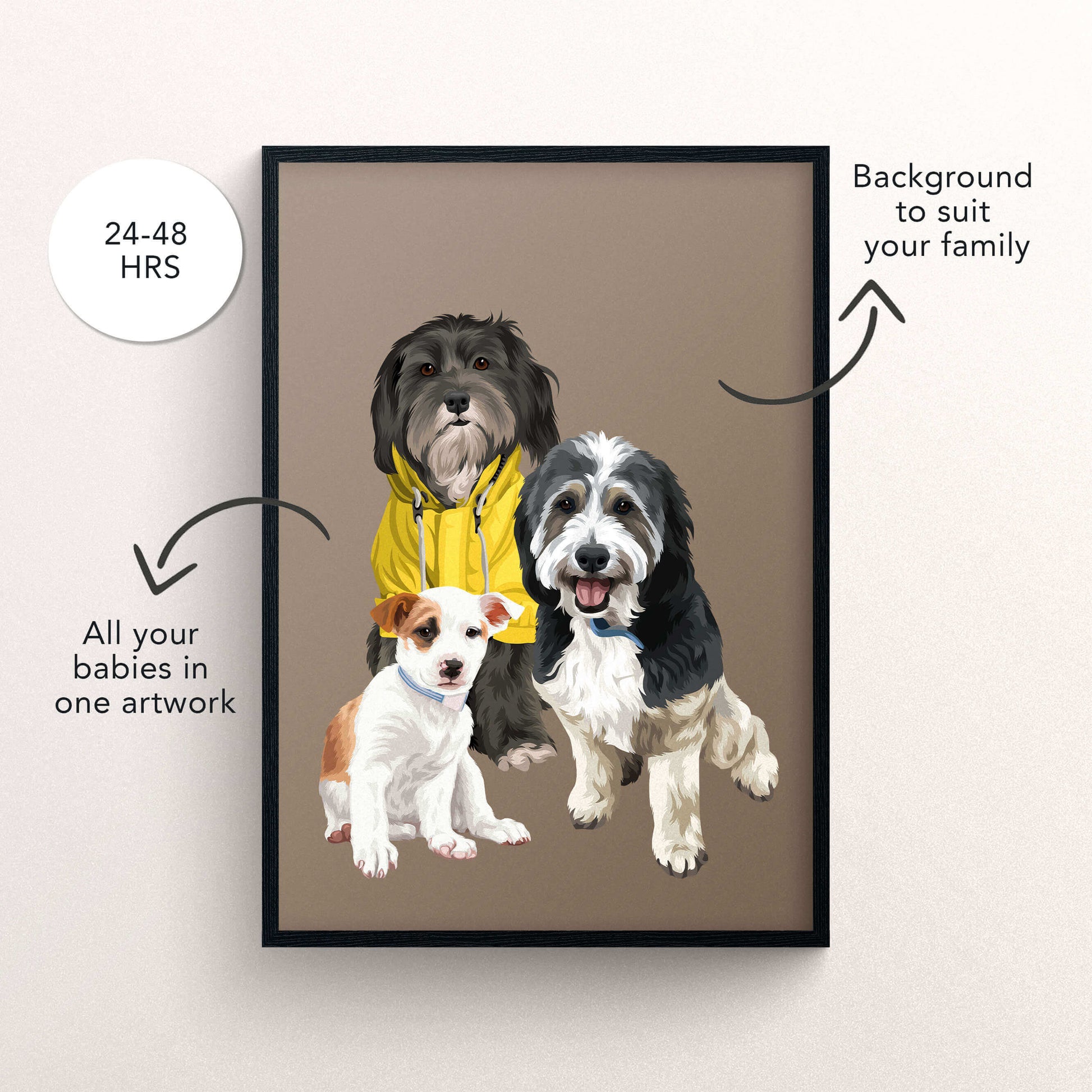 Custom dog portrait with black frame and 3 pets - New Age Walls